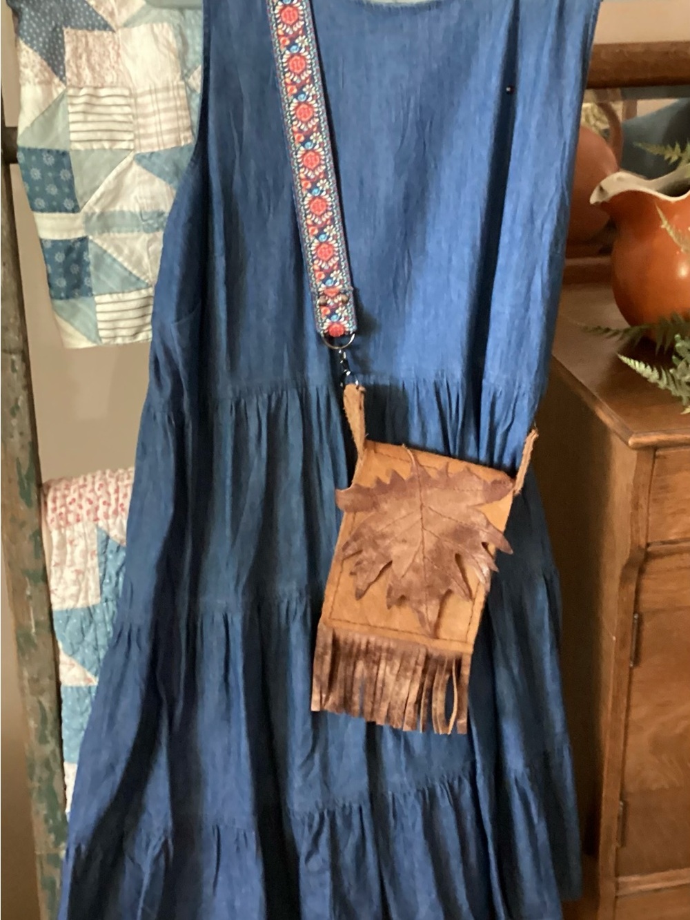 Boho Leather Fringe Crossbody with Leaf Applique - Brown - Picture 2 of 9